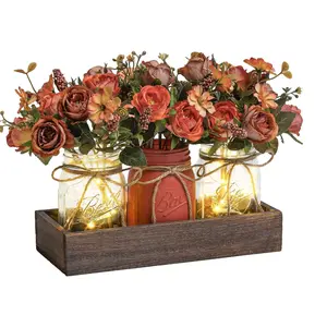 GARVEE 3 glass jars with artificial flowers, LED light, wooden tray, flower decoration, table decoration for dining room, kitchen, living room, orange