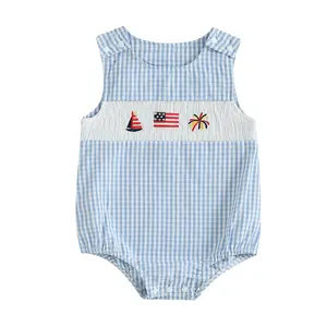 Newborn Baby Unisex 4th of July Sleeveless Stripe Print American Flag Embroidery Romper Overalls, Newborn Outfits, Infant Outfit for 0-18M (6-12 Months Incl)
