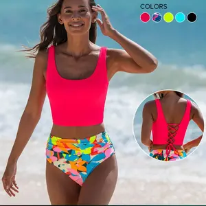 Popvil Back Tie Floral Watermelon Red Tankini Set,U Neck Solid Vest&Tummy Control High Waisted Bikini Bottoms for Women, Neon Bathing Suit,dealsforyoudays