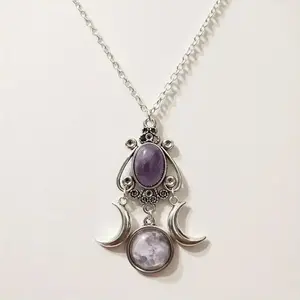 Triple Moon Goddess Amethyst Pendant Necklace - Unique Bohemian Ladies' Gift Jewelry cross necklace
