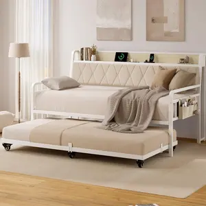 【Valentine's Day gift】ONBRILL Twin Daybed with Trundle, Metal Bed Frame with Ergonomic Upholstered Headboard & Charging Station, Sofa Day Bed with Pop up Trundle for Living Room, Bedroom, Playroom, and Guest Room