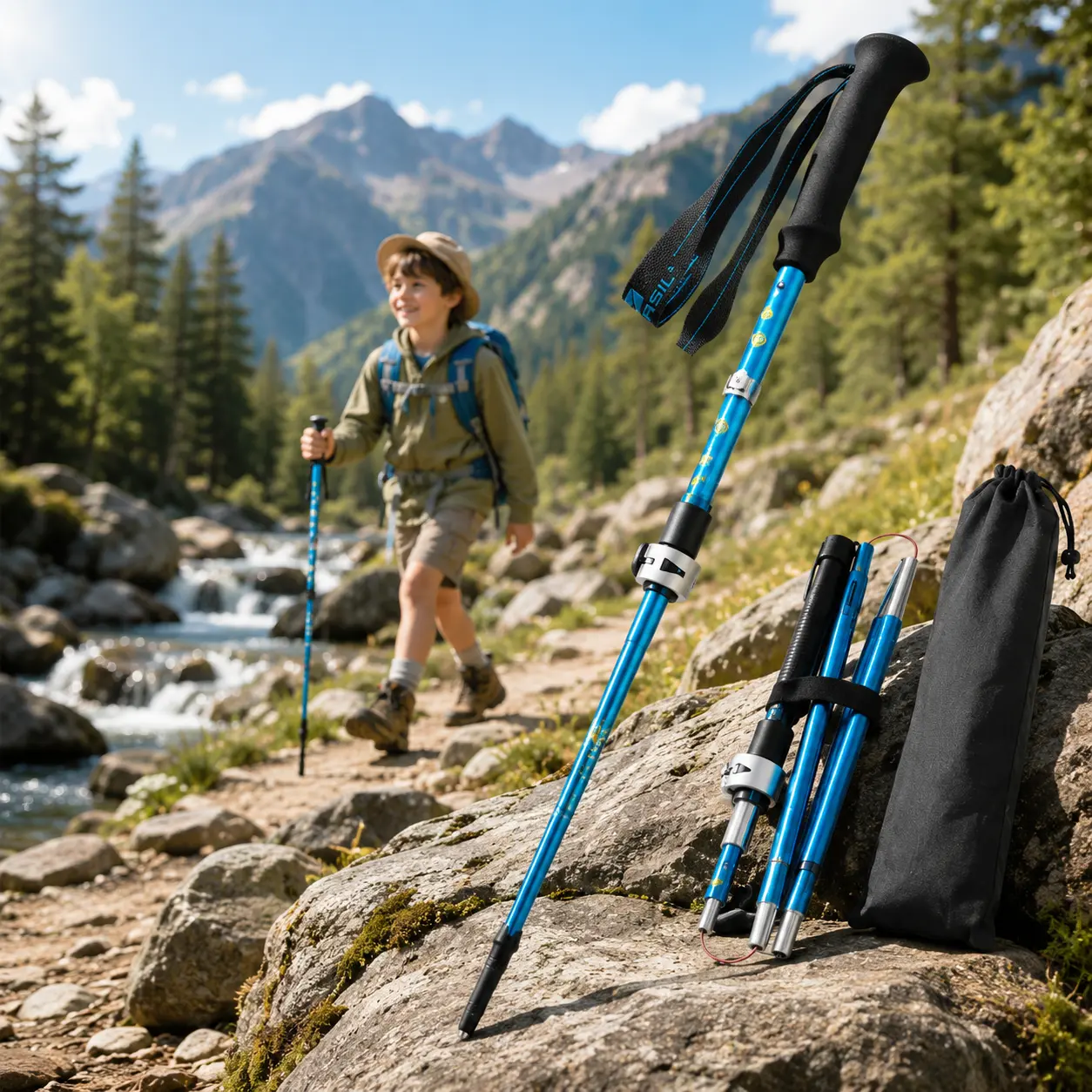 Kids Folding Trekking Poles, Lightweight Aluminum Hiking Poles for Children, Adjustable 33–95cm Walking Sticks with EVA Grip, Compact 4-Section Collapsible Hiking Poles for Camping, Travel, Outdoor Adventures