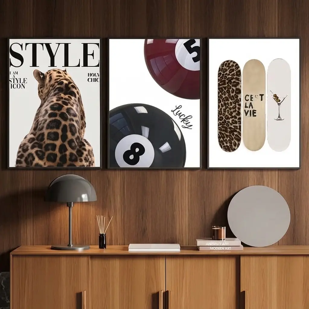 Set of 3 Trendy Leopard Magazine & Lucky Ball Posters | Eclectic Skateboard Canvas Wall Art Set | C'est La Vie Aesthetic Wall Decor for Living Room