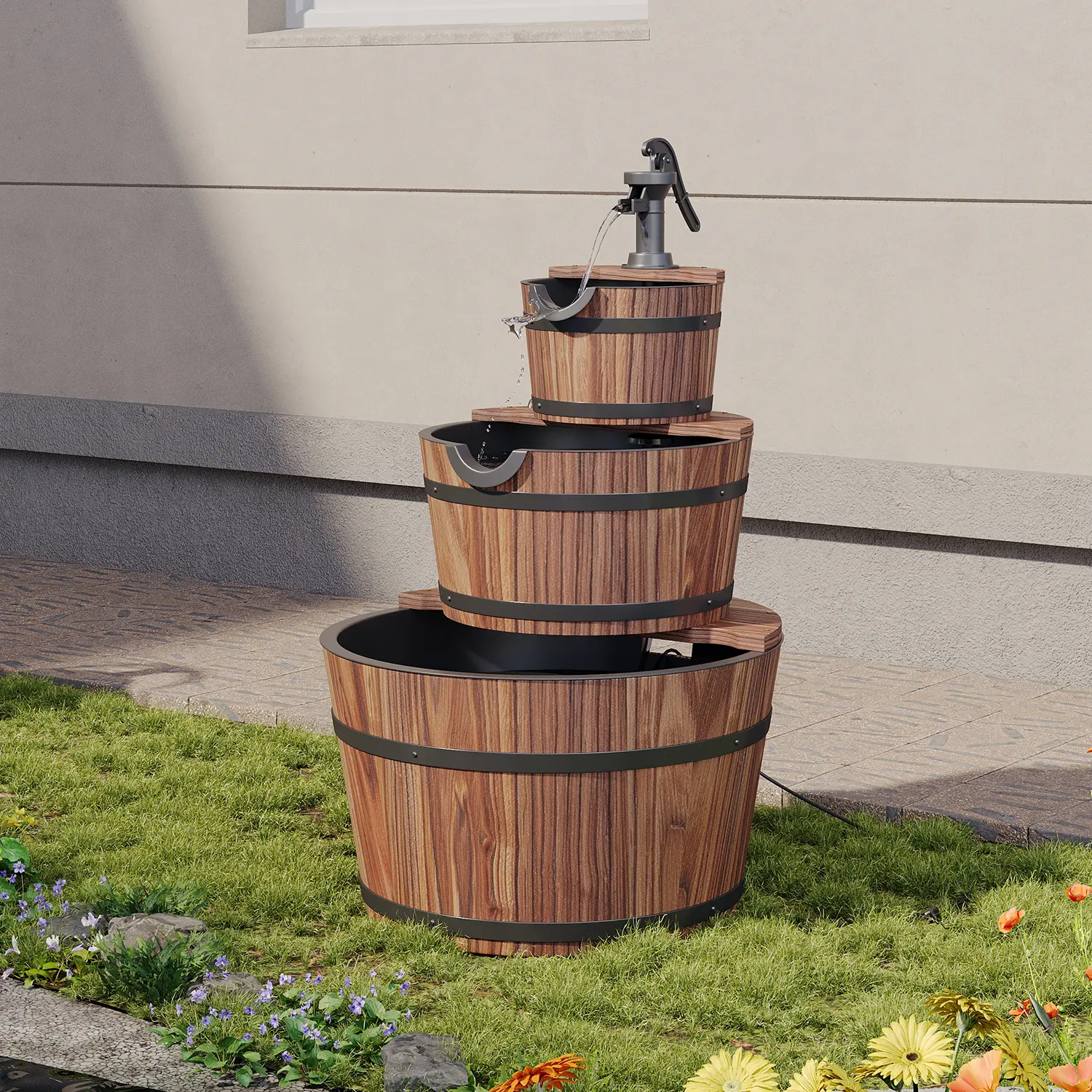 【Ships in 1 Packages】Aoxun  3-Tier or 2- Tier Outdoor Water Fountain, Wood Barrel Design  Electric Hand Pump, Floor Standing Cascading Soothing Waterfall for Garden, Backyard, Patio, Porch（2 tier/3 tier） storage Astronaut Nebula Galaxy Star Projector Pit,