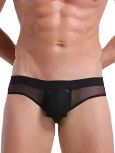 1Pc Men's Solid Color Plain Mesh Briefs Underwear, Contrast Trim & Large U-Pouch, Semi-Sheer Breathable, Slim & Comfortable, For Sports, Party & Daily Wear, Breathable Undergarments