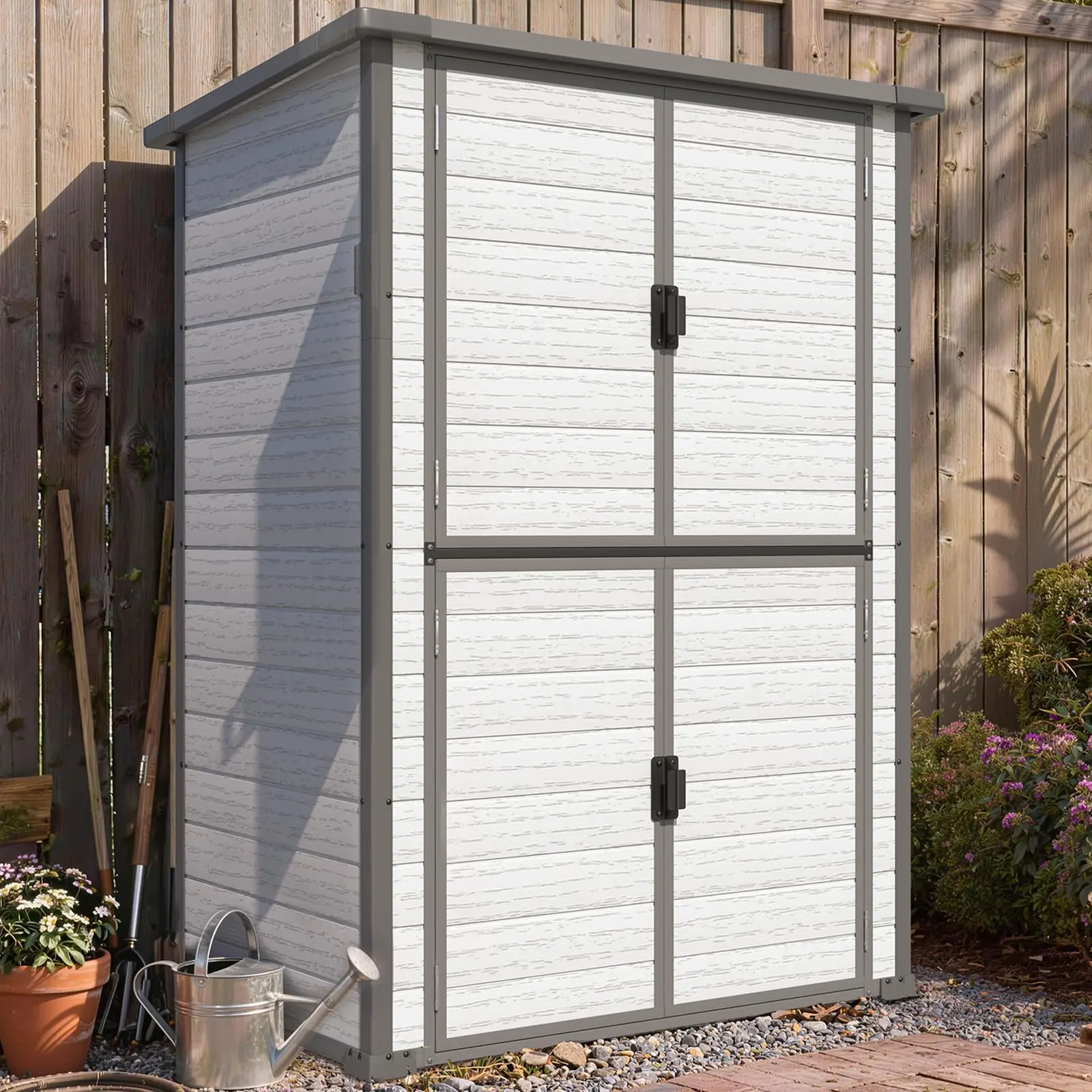 AECOJOY Large 58 Cu.Ft Resin Outdoor Storage Cabinet Waterproof with Adjustable Shelves, Vertical Tall Plastic Storage Cabinet with Reinforced Floor, Weatherproof Sheds & Outdoor Storage Clearance with Base