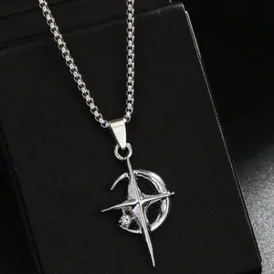 SleekHush American Fashion Halloween Crescent Moon & Star Pendant Necklace Stainless Steel Bead Chain For Men Women Minimalist Luxury Niche Cross Pendant Clavicle Chain Family Festival Birthday Gift