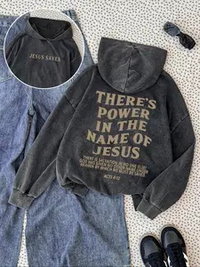 Women's Washed Distressed Hoodie, Text Print, Comfortable & Stylish, Perfect Christian Girls Top, Spring & Fall Daily Wear