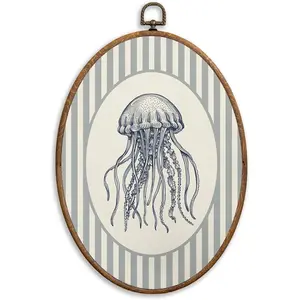 SONMYSULIL Coastal Beach Jellyfish Wall Art Decor, Ocean Beach Nursery Oval Wall Hanging Decor, Blue Striped Jellyfish Ocean Framed Canvas Prints for Home Bedroom Kids Nursery Room, 8.6x11.4 Inch
