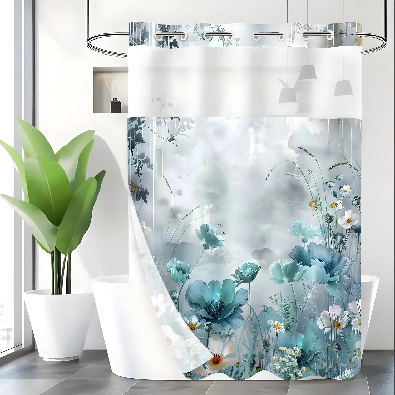 LVRLVR 1pc Misty Blue Watercolor Wildflower Print Elegant Shower Curtain with Sheer Top Window, Detachable Liner & No Hook C-Ring, 70.8" x 74" Shower Curtain Boho, Bathroom Shower Curtains