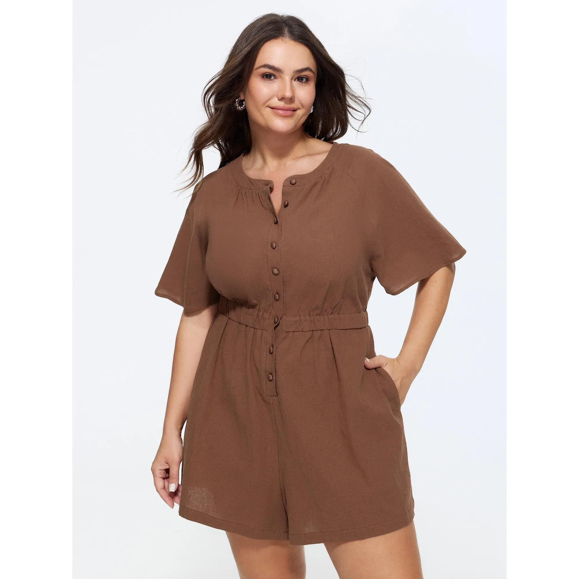 BloomChic Plus Size Cotton Split Neckline Button Front Short Length Pockets Romper 2026 [M-6X] - Rompers for Women, Plus Size Clothes, Curvy Women Apparel, Smooth Fabric, Basic Casual Overalls