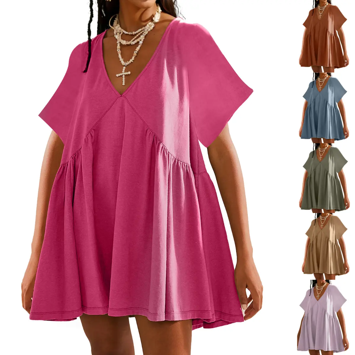 SCUSTY Women's Summer Summervibes Mini Dress Casual Short Sleeve Loose V Neck Flowy Sundress Vacation Tshirt Sun Dress