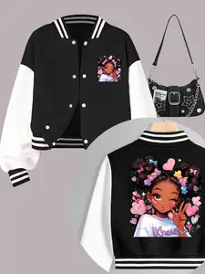 Girl's Cartoon Print Button Front Varsity Jacket, Collared Jacket, Casual Colorblock Striped Patchwork Drop Shoulder Baseball Collar Outerwear for Daily Wear, Kids Clothing for Fall & Winter, Coats, Casual Cute Outerwear