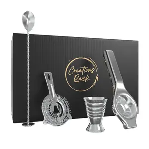 Luxury Cocktail Kit Stainless Steel Bar Tools Premium Cocktail Set 4-Piece Cocktail Set Bartender Utensils Cocktail Gift Set Professional Barware Mixology Kit Cocktail Strainer Measuring Jigger Swizzle Spoon Lemon Squeez winerack