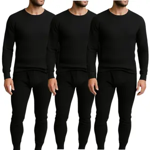 Men's 3 Pack Waffle Knit Thermal Sets Cozy 2-Piece Sleep & Lounge Wear Black Long Sleeve Top with Matching Bottoms Classic Menswear Soft Breathable Layer Pajama
