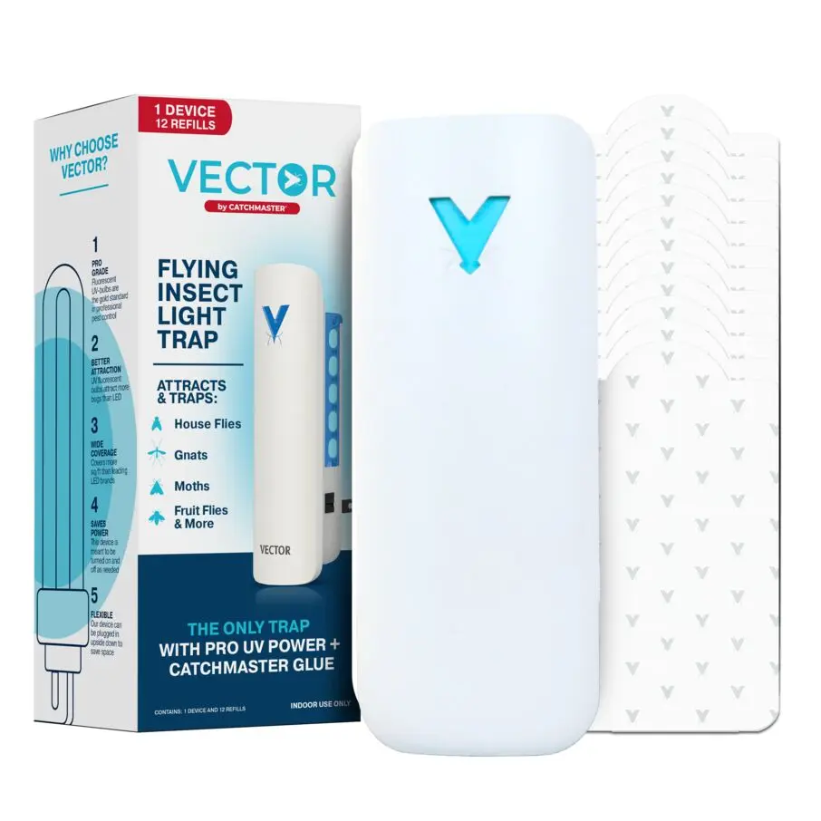 Catchmaster Vector 9 Plug in Fly Trap for House Flies, Fruit Flies & Gnats | Silent UV light bug catcher for kitchens and plants; 12 ultra-sticky indoor glue board traps included, a year of refills,  Indoor Insect Trap Flies Killer Indoor Fruit Flies