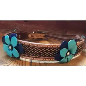 Genuine leather dog collar with with basket stamp tooling, and the teal and navy painted 3D flower accent