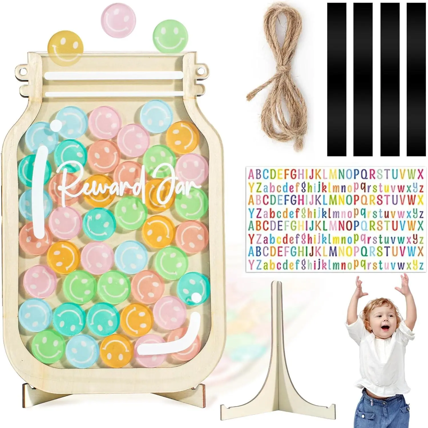 Personalized Magnetic Reward Jar - Home & Classroom Decor with Customized Smiley Face Stickers, Colorful Letter Stickers, Classroom Supplies Charts, Chore Chart, Learning Materials & Rope for Positive Behavior Training