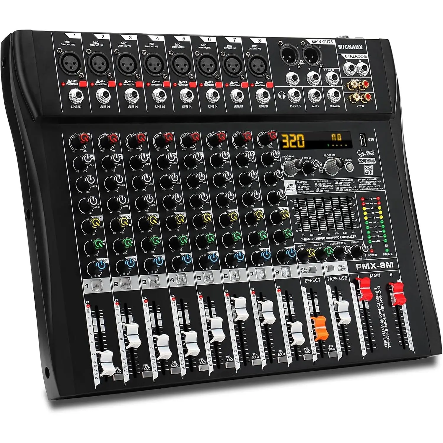 Professional 8-Channel Audio Mixer Console - 320 DSP Effects, 7-Band EQ, +48V Phantom Power, Mute Buttons, XLR Inputs, USB Port, Bluetooth, MP3 Support, Headphones Bluetooth, Musical Instruments Compatibility for Recording & Smartphone Wireless Streaming