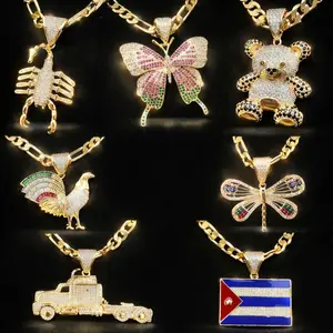 14K Gold Plated Heavy Iced Out Bling Pendant Necklace – 24" 8mm Figaro Chain – Scorpion/Rooster/Butterfly/Bear/Dragonfly/Truck/Cuba Flag