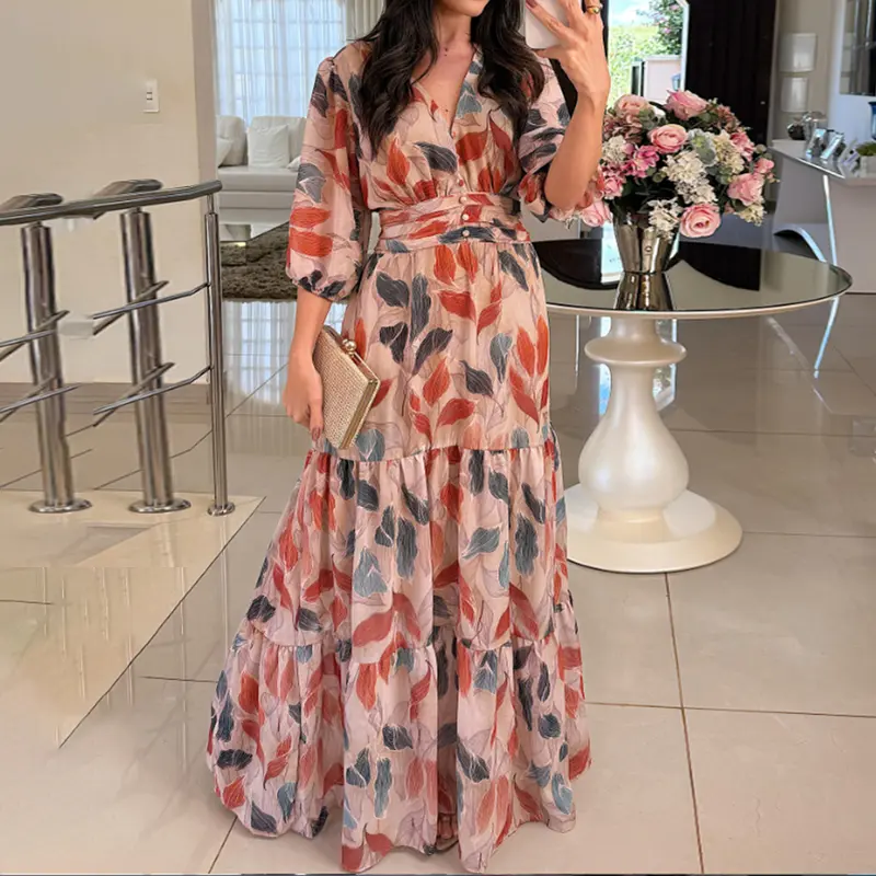 CHICME 2026 Women's Plants Print V-Neck Puff Sleeve Casual Maxi Dress CHICME 2026 Women's Plants Print V-Neck Puff Sleeve Casual Maxi Dress
