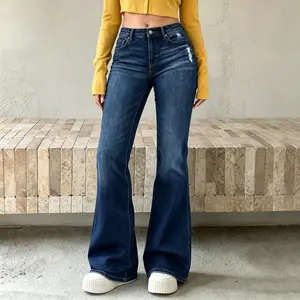 Women's Vintage-Inspired High-Stretch Ripped Mid-Rise Distressed Blue Denim Jeans - 4in Inseam, Slash Pockets, Wide Leg Fit, Fabric-Focused Stylish Womenswear Bottom For All Seasons, Style