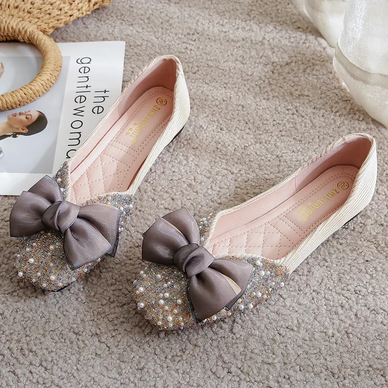 2025 flat sole single shoe women's soft sole rhinestone bean shoes bridesmaid shoes wedding shoes