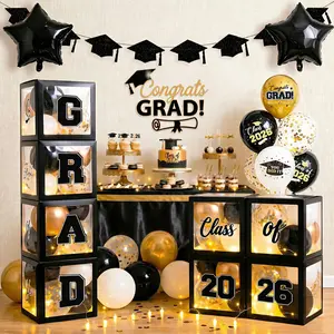 2026 Graduation Decorations Include String LED, Glitter Banner, 4 Black Balloon Boxes, Balloons, Class of 2026 Party Supplies for High School & College