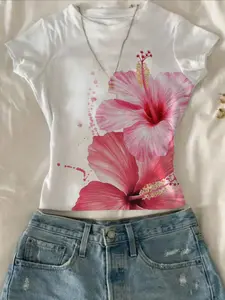 Watercolor Hibiscus Floral Print Y2K Summer Lightweight Casual Slim Fit Baby Tee, Fashion, Tropical Hawaiian Flower Graphic T-Shirt for Women, Vintage Beach Vacation Daily Wear Short Sleeve Crop Top, Trendy Streetwear Casual Tee for Shopping, Dating