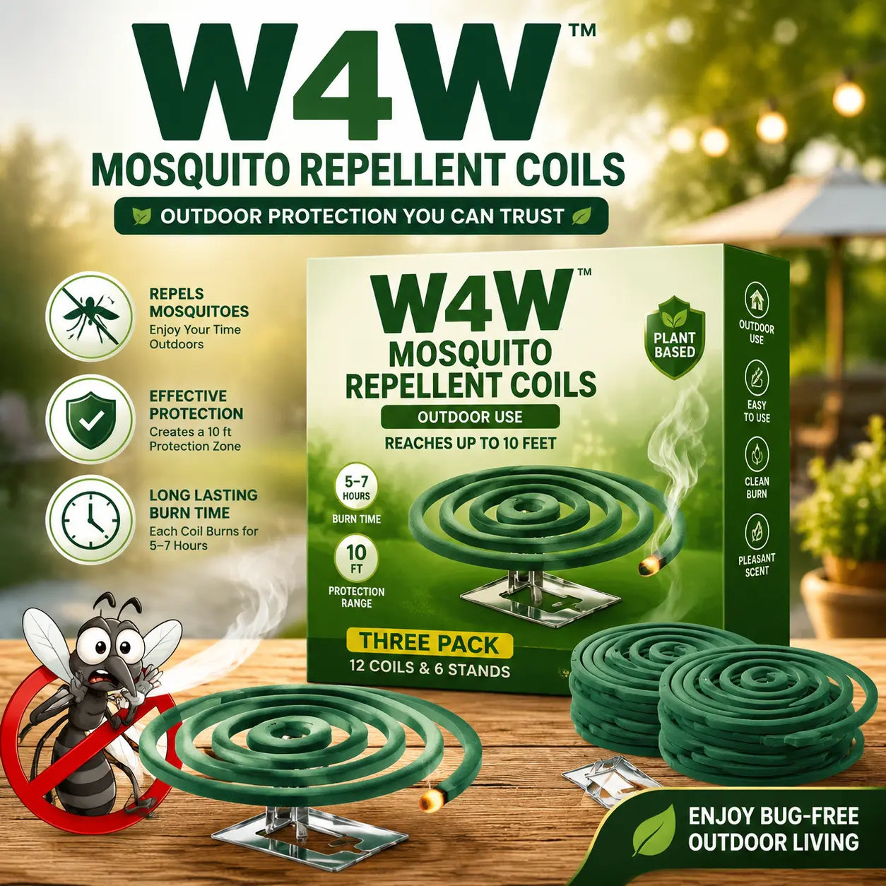 W4W Mosquito Repellent Coil Set - Outdoor Use, 10ft Coverage, Long Burn Duration (5-7 Hours), 12 Units Pack (3-Pack with 6 Stands)