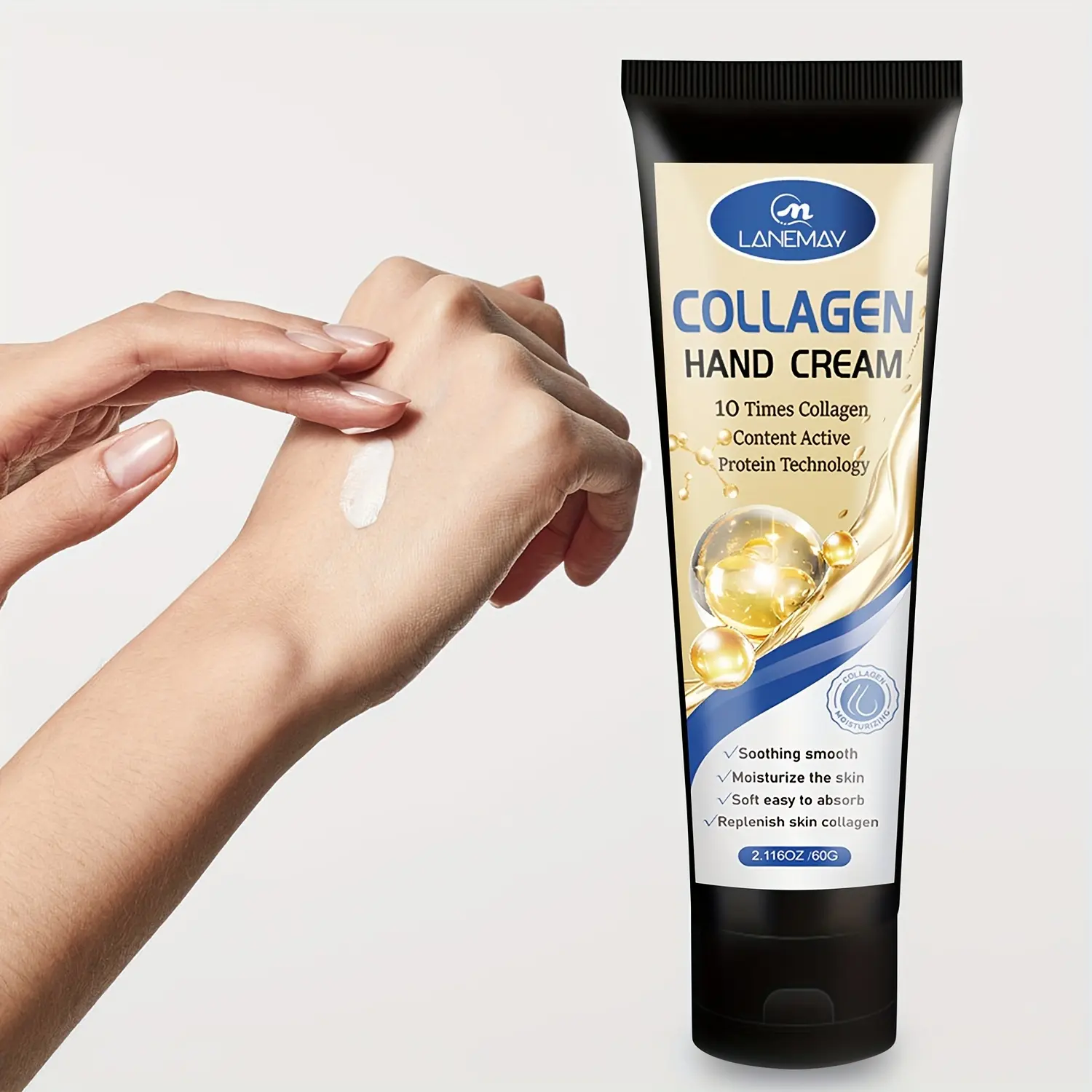 Collagen moisturizing hand cream replenishes collagen in hands, improving roughness and softening skin. It absorbs easily, is non-sticky, repairs hangnails, brightens hands, soothes tightness and peeling, and provides long-lasting hydration. Moisturizer