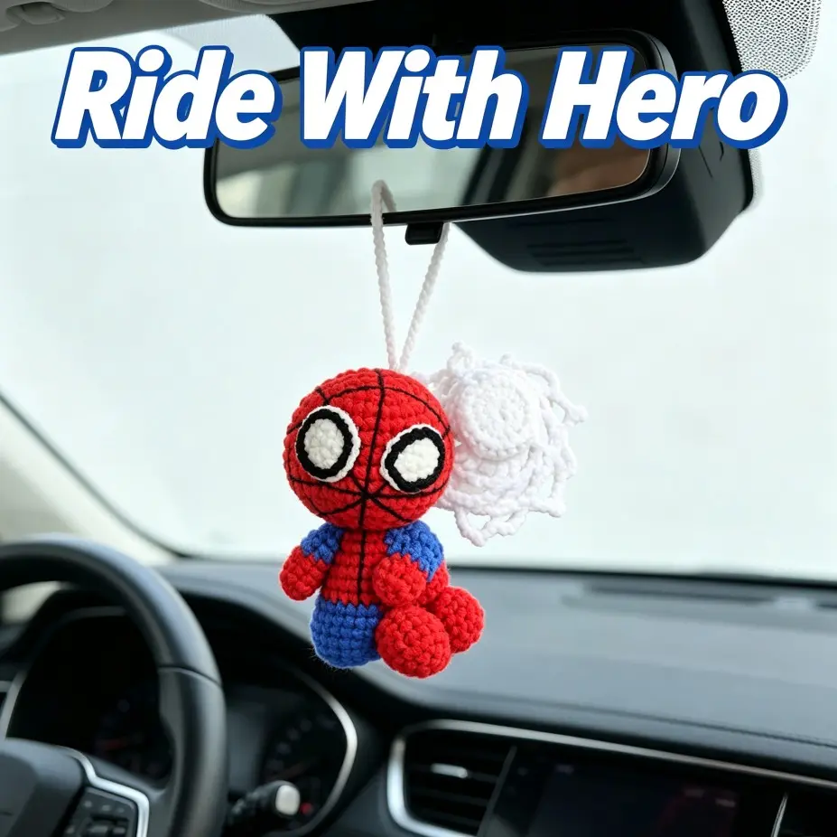 Soft Handmade Crochet Spider Car Hanging Ornament Mini Spider Amigurumi Rearview Mirror Pendant with Detachable Web Accessory, Superhero Keychain Backpack Charm, Cute Yarn Decor Gift for Boys Fans Car Interior Decorations