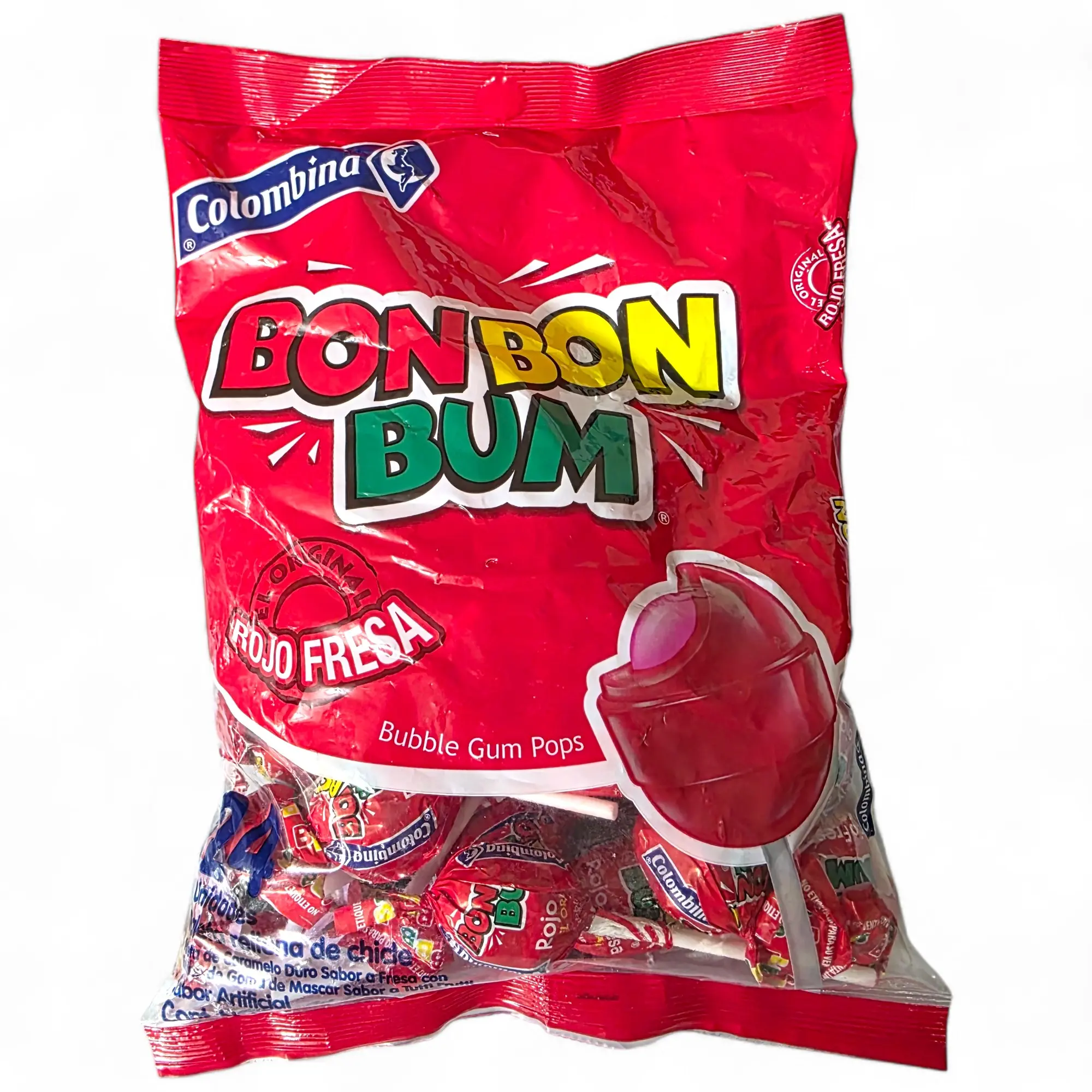 Colombina Bon Bon Bum Fresa 384g 24Unit Bubble Gum Pops - stawberry Elegant Packaging for Parties Gatherings - Snack Treat