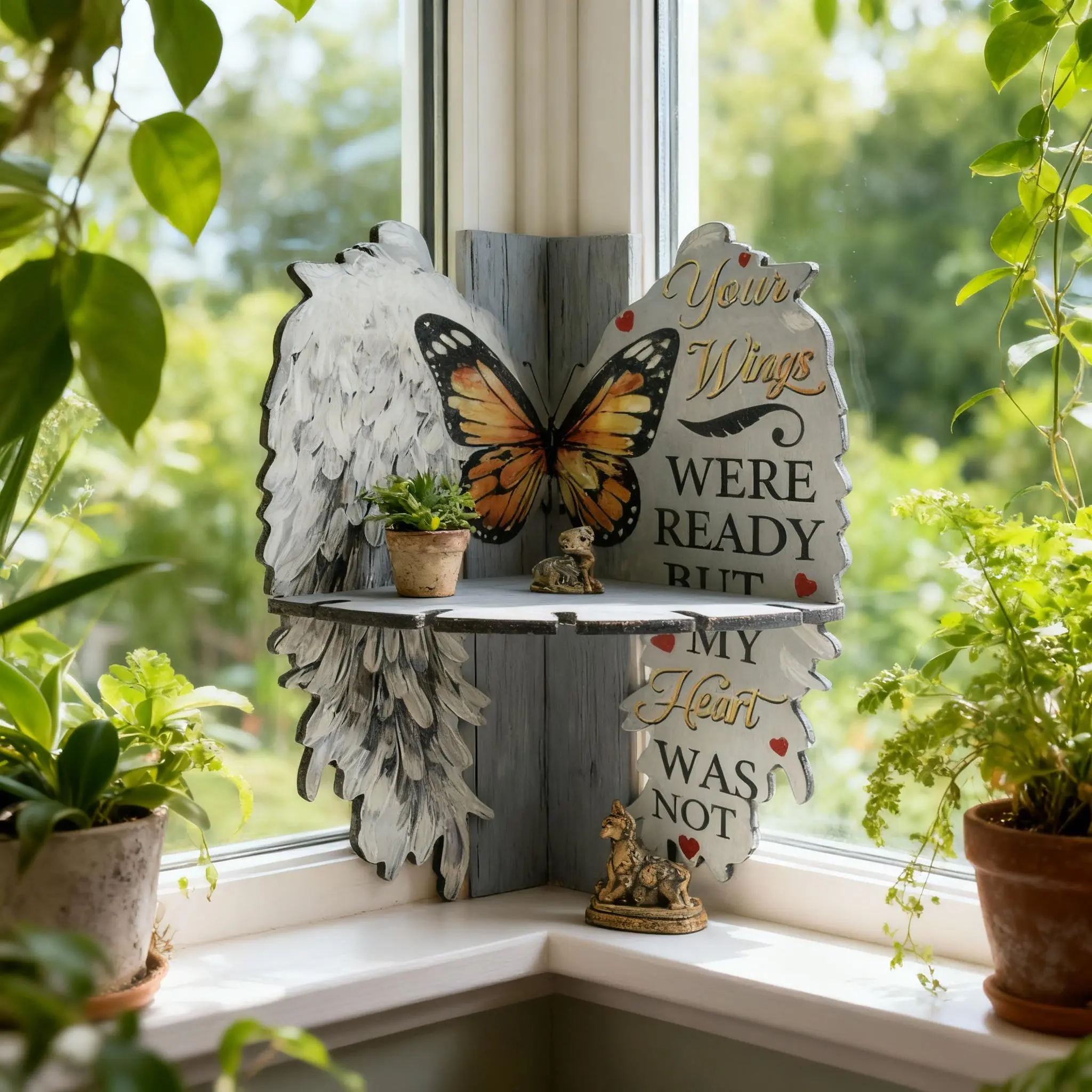 1-Piece Vintage Angel Wings Wall Shelf — Rustic Wooden Fan-Shaped Corner Display Shelf with Heartwarming Message Display — Ideal for Storing Crystals, Candles, & Keepsakes — Multifunctional Home Decor, Wedding Gift, & Corner Accent Piece