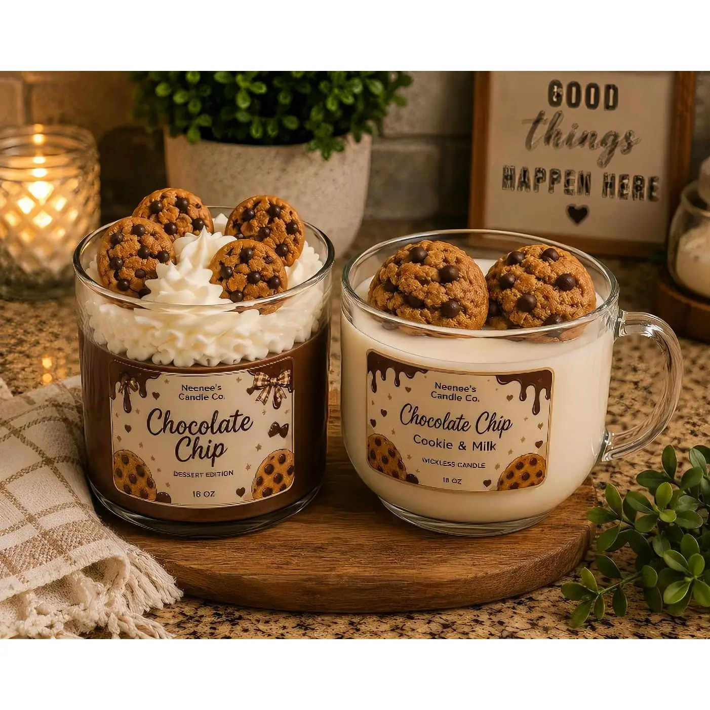 basket Candle Bundle gift mother Neenee's Candle Co. Chocolate Chip Cookie & Milk Wickless Candle Handcrafted with Premium Soy Wax Realistic Wax Embeds for Kitchen & Coffee Bar Décor soy candle soy holiday collection