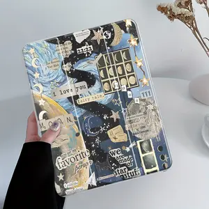 Celestial Space iPad Case, Tablet Accessories, Tri-Fold Stand Case for iPad, Transparent Acrylic Hard Back, Moon & Star Collage design, Pencil and Charger Slots, Ultra-Thin Scratch-Resistant Design for iPad 10.2inch, Mini, Pro, Air, Ideal for Work