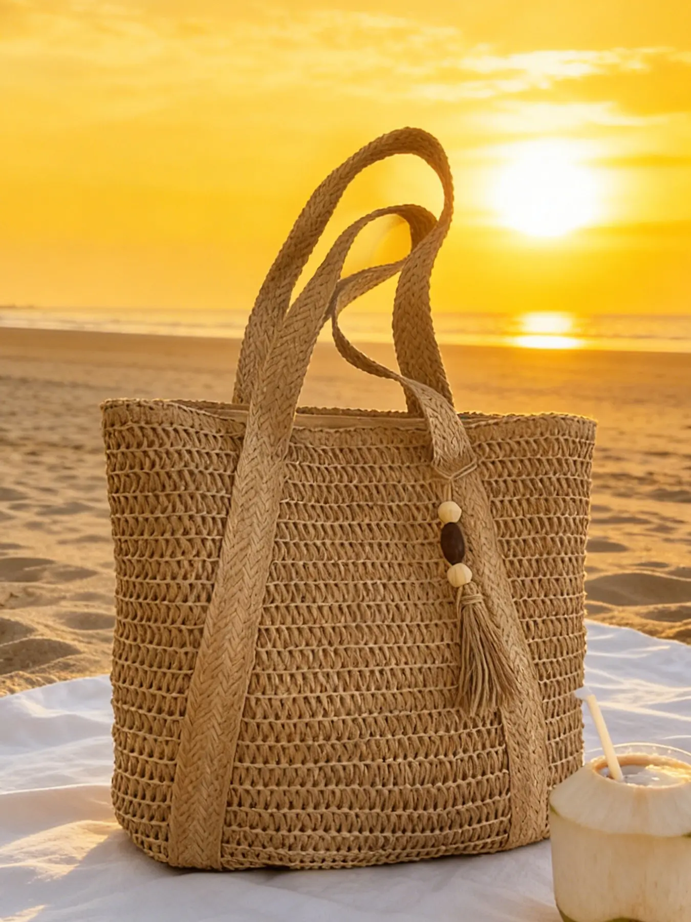 Lazy style casual simple and versatile woven tote bag with beaded tassel pendant decoration, fashionable solid color retro practical texture shoulder bag, suitable for beach vacation and outdoor travel