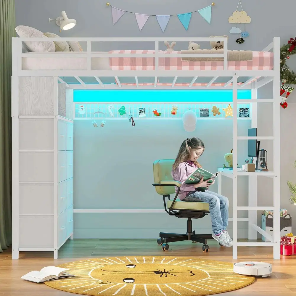 SIKAIC Durable Twin Size Metal Steel Loft Bed Frame for Kids Furniture Bedroom, Beds with Desk, 8 Drawers, USB Port Charging Station, LED Lights, White, No Box Spring Required