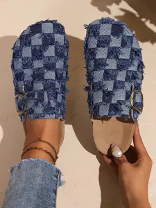 Women's Denim Fringe Checkered Slip-On Shoes, Soft Wood Sole, Round Toe, Casual Style, Less Than Ankle Height, Dual Color Options