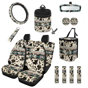 Western Car Seat Covers Full Set, 15pcs Auto Cow Print Auto Interior Accessories for SUV Van Truck Protector, Seatbelt Pads Keychain Steering Wheel Cover Coasters Garbage Bag, Non Slip Universal Decor