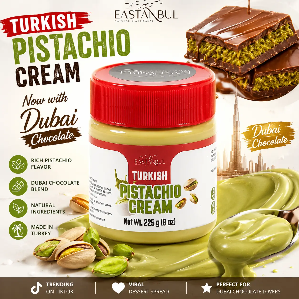 Eastanbul Pistachio Cream, 8oz, Pistachio Butter, Turkish Cream Spread for Dubai Chocolate Bar Kit, Perfect Paste for Dubai Chocolate Bar, Luxurious Spread...