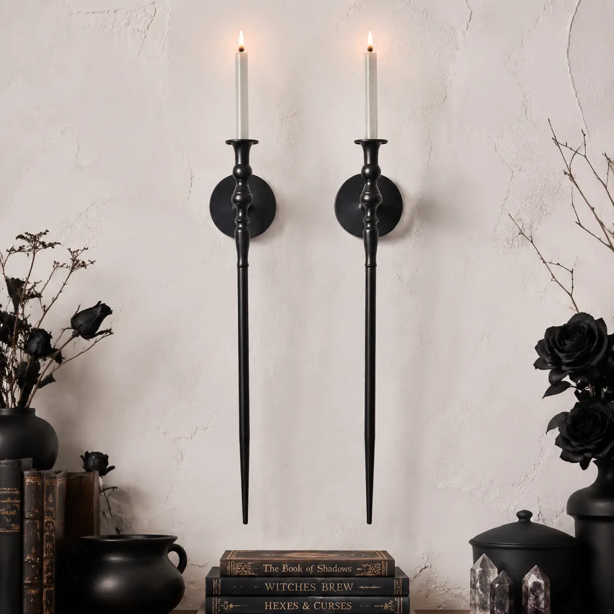 2-Piece Large Retro Decorative Casting Metal Wall Sconce Candlestick Holders - Black Gothic Scepter Design, 23.6in Disc Diameter, 0.78in Size, Interior Decoration Accessories for Living Room, Wedding Room Decor Home Goods Ornaments, Casting Metal Candleho