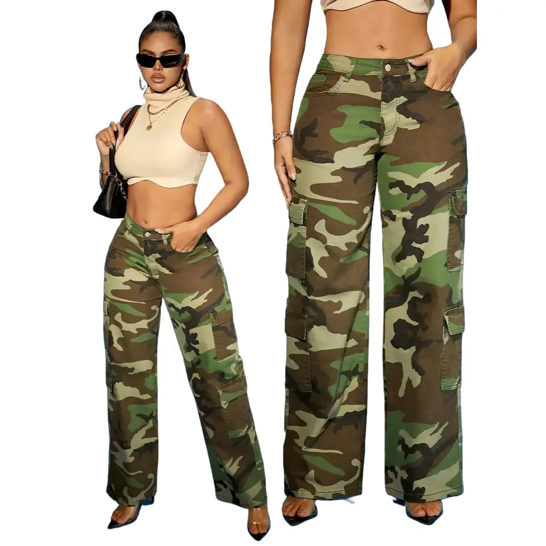 Women's Plus-Size Loose-Fit Stretch Denim Cargo Pants - Camo Print, All Seasons, Cargo Stash Space, Utility Pockets, Comfortable Lightweight Denim Clothing for Casual Streetwear Everyday Wear