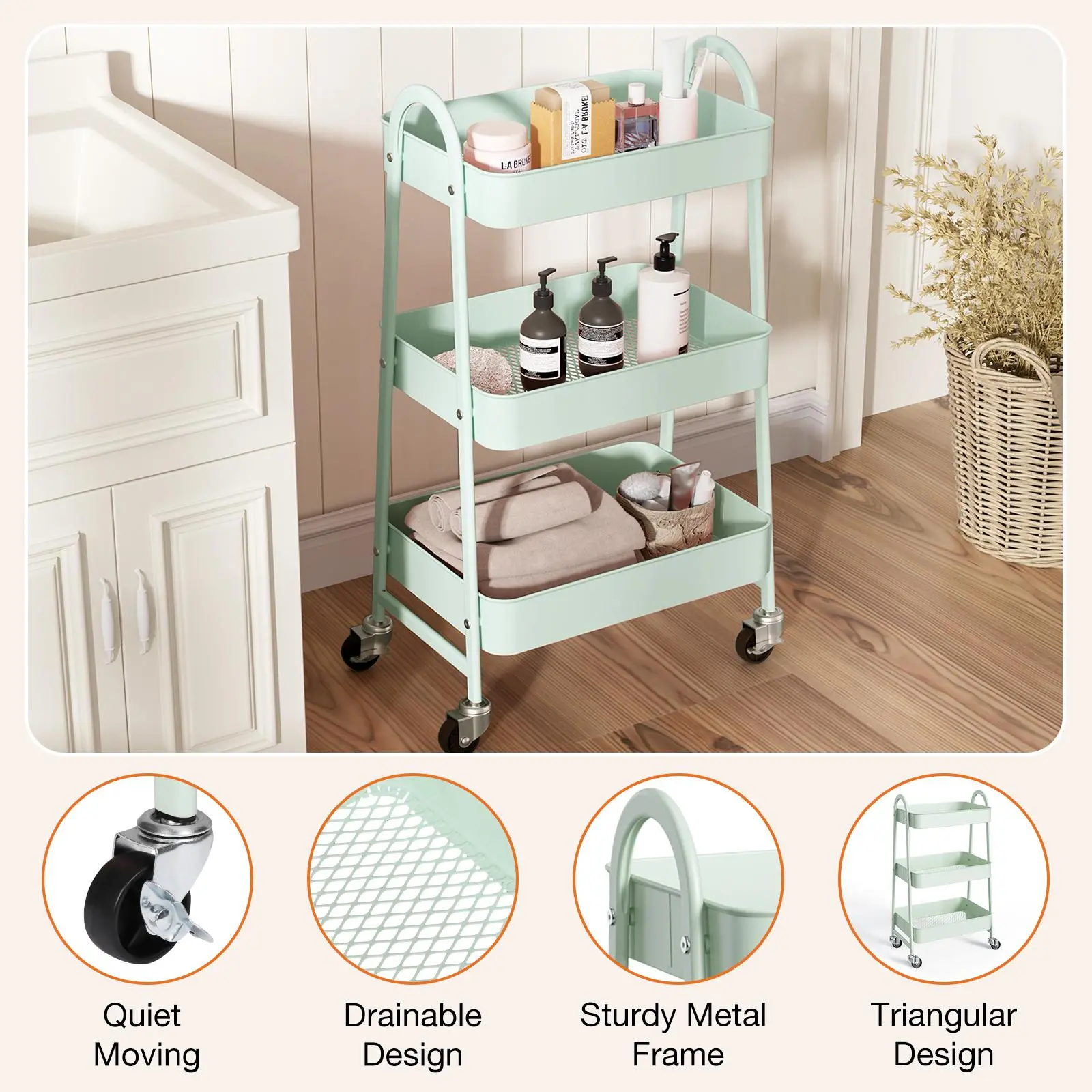 Minimalist 3-4 Tier Metal Mobile Storage Cart - Durable Rolling Utility Shelf Organizer with Caster Wheels, Easy-Installation Narrow Space Rack for Kitchen, Bedside Use