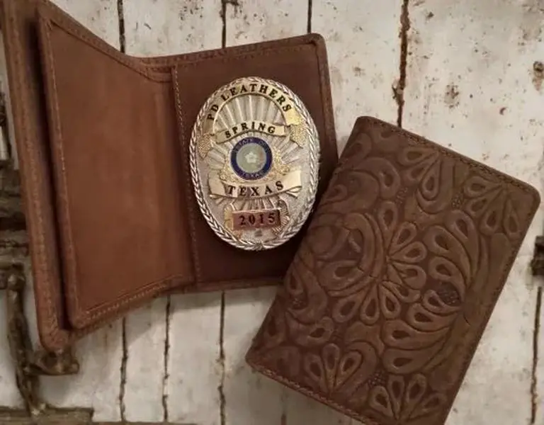 Tooled Brown Police Badge Wallet All Leather Universal Fit for Pin Back Badges