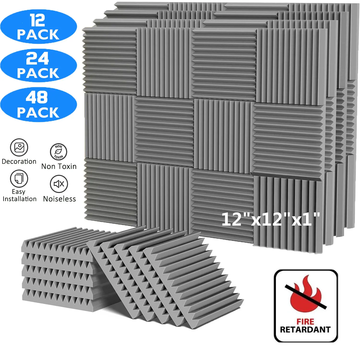 High-Density Polyurethane Acoustic Foam Panels (1" / 2.5cm x 12”x12”), Fireproof Fire-Resistant Sound-Absorbing Wedges for Walls, Noise Blocker for Studio, Office (Music Accessories)