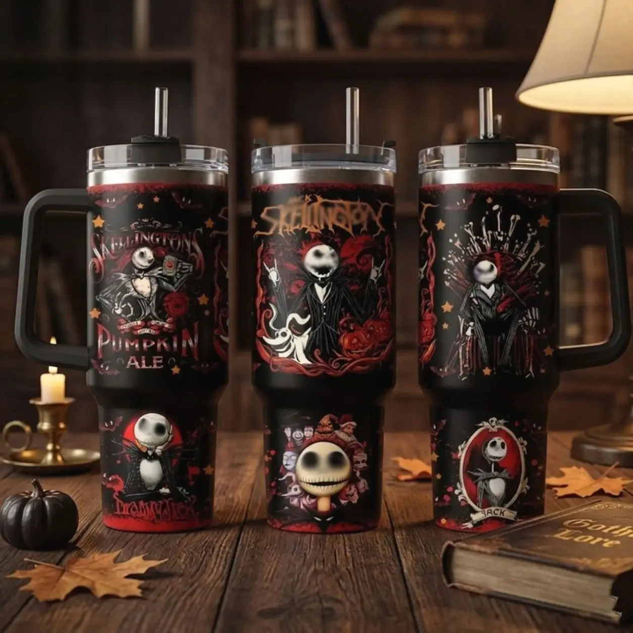 [MADE IN US] Vacuum Insulated Tumbler Skellington Halloween with Lid and Straw - Stainless Steel Travel Coffee Mug Double Wall Hot & Cold Drink Cup Leakproof Portable