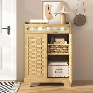 Natural Woven Wood Buffet Cabinet with Storage & 3-Tier Adjustable Shelves, 29.52" W x 41.33" H x 13.8" D, Perfect for Kitchen, Living Room