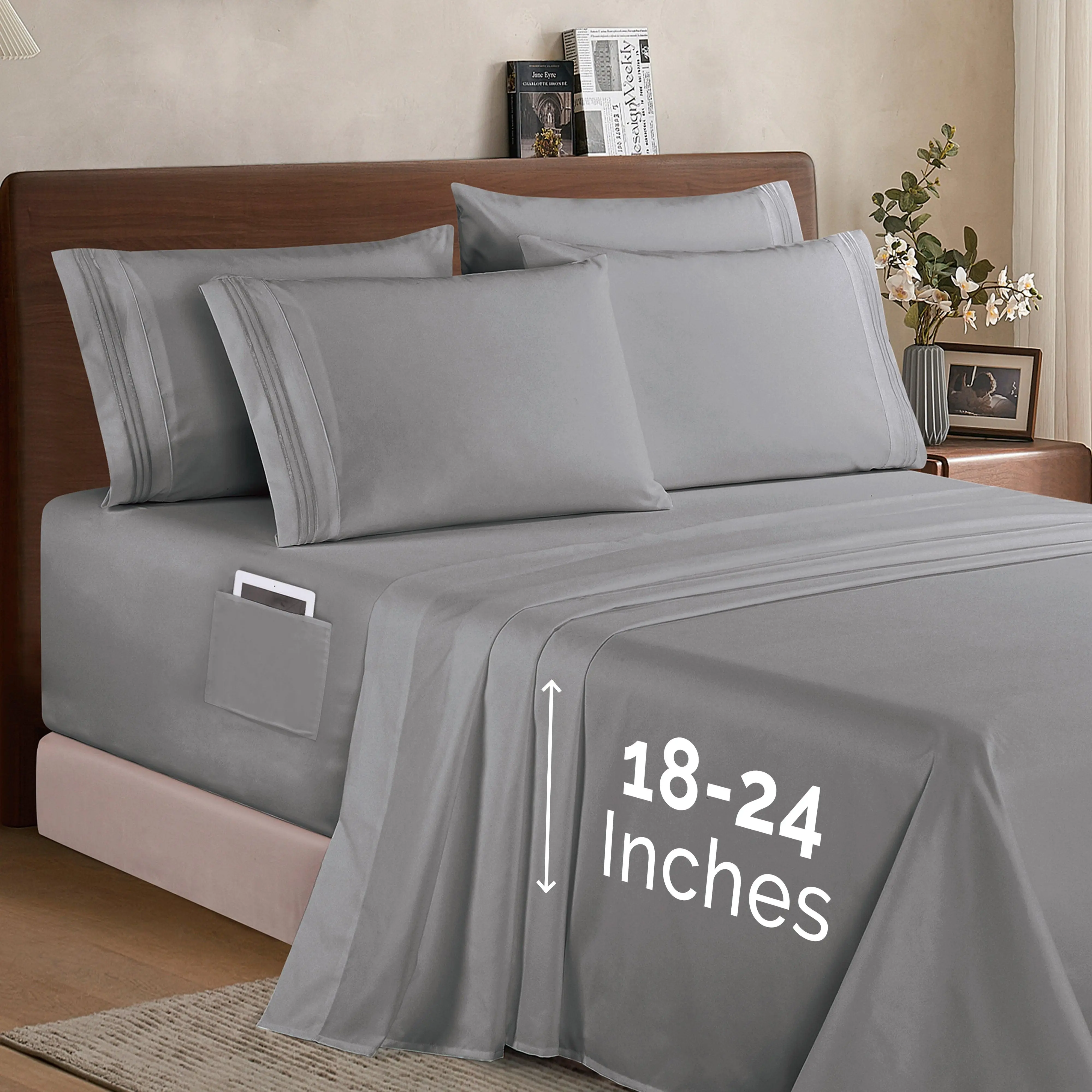 Elegant Comfort 6-Piece Extra Deep Pocket Sheet Set 18-24in with 3-Line Embroidery – Premium Microfiber Bedding, Moody Shades