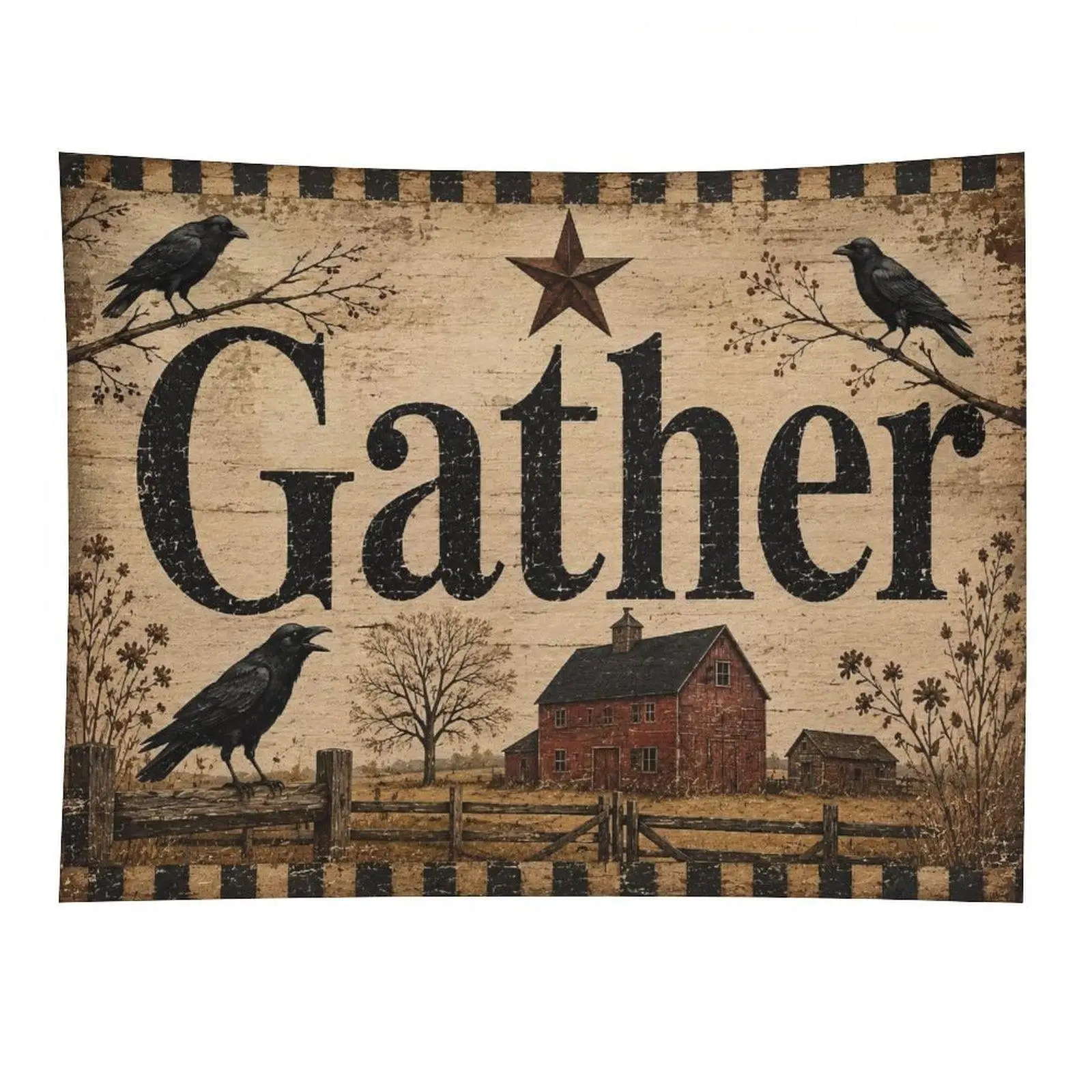 Primitive Farmhouse Gather Tapestry, Vintage Crow Red Barn Rustic Star Wall Hanging for Living Room Bedroom Home Decor